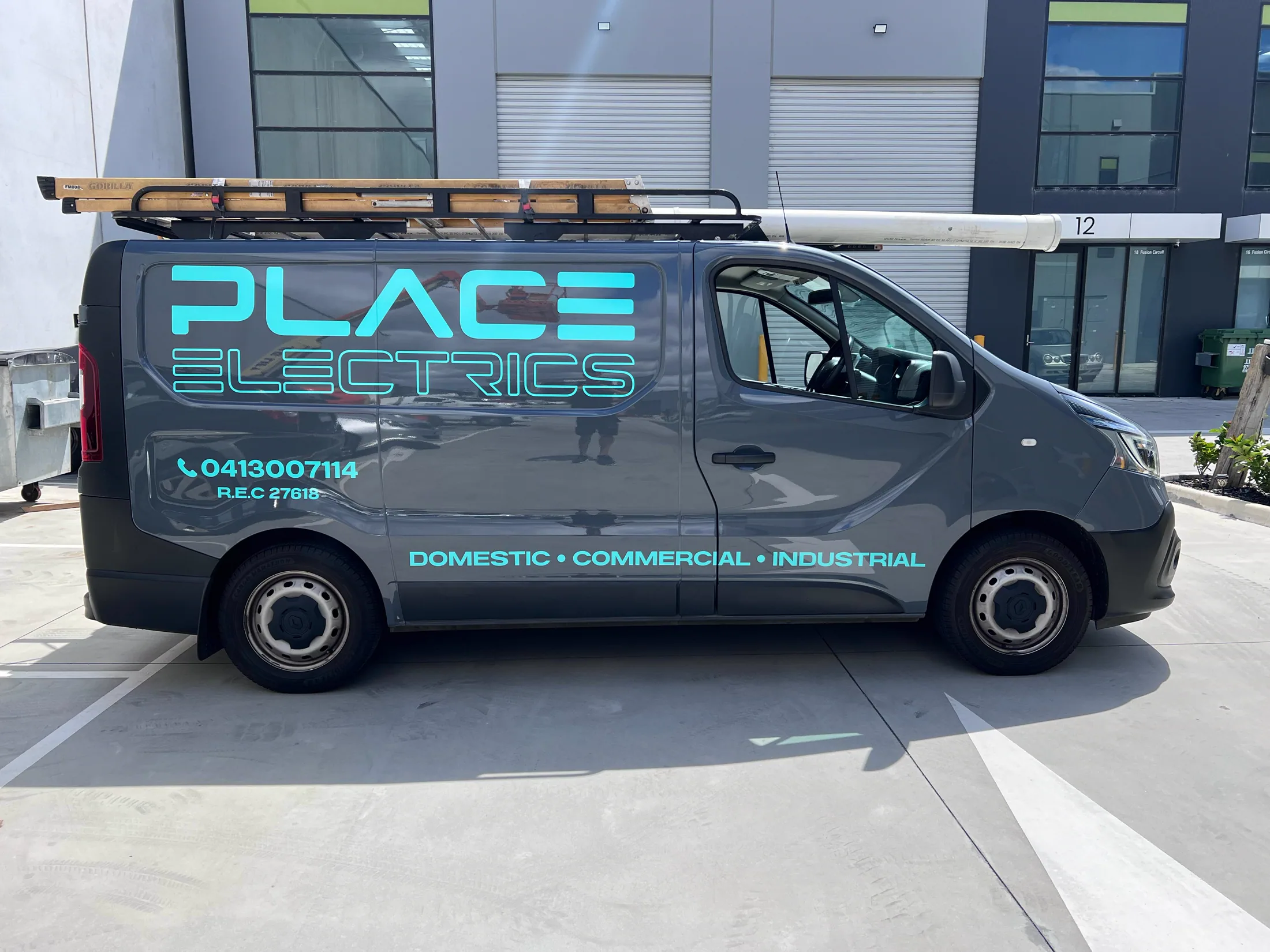 Place Electrics branded fleet vehicle in profile